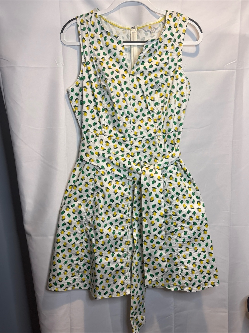 Boden White Sleeveless Lemon-Print Tie-Waist Mini Dress